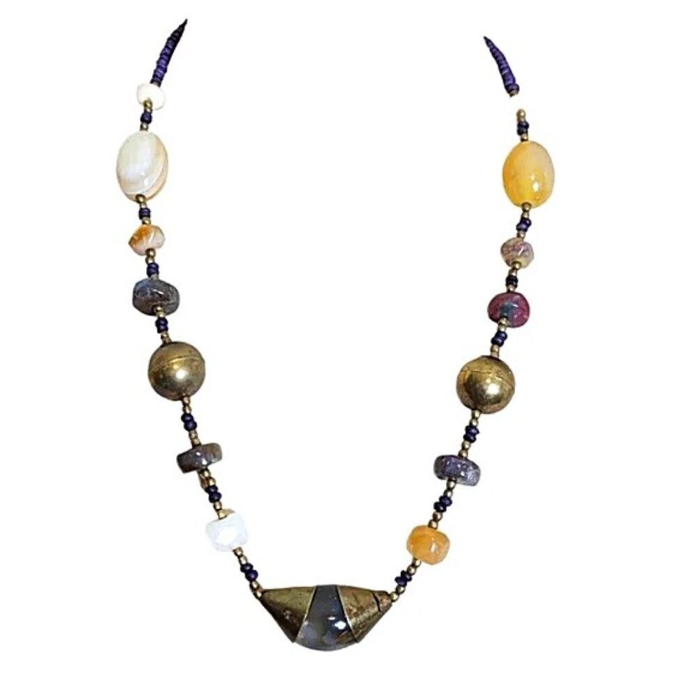 Vintage Brass Agate Quartz‎ Citrine Bead Necklace Stone Artisan Coastal Cowgirl